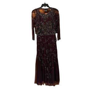 Pisarro Nights Beaded Mesh Gown with Jacket in Eggplant Size 2 NWT